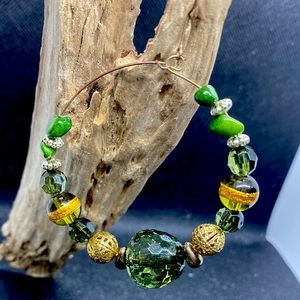 Vintage Green & Gold Beaded Hoop Earrings on Wire
